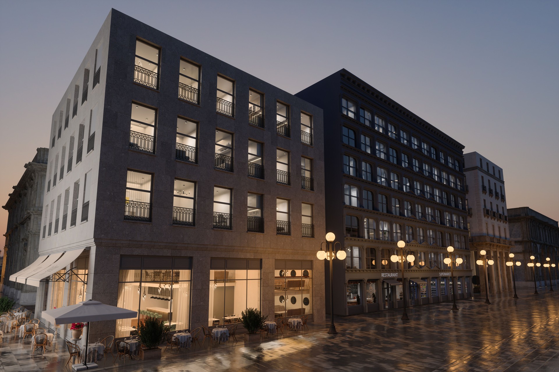 Town Square With Apartments And Stores At Night