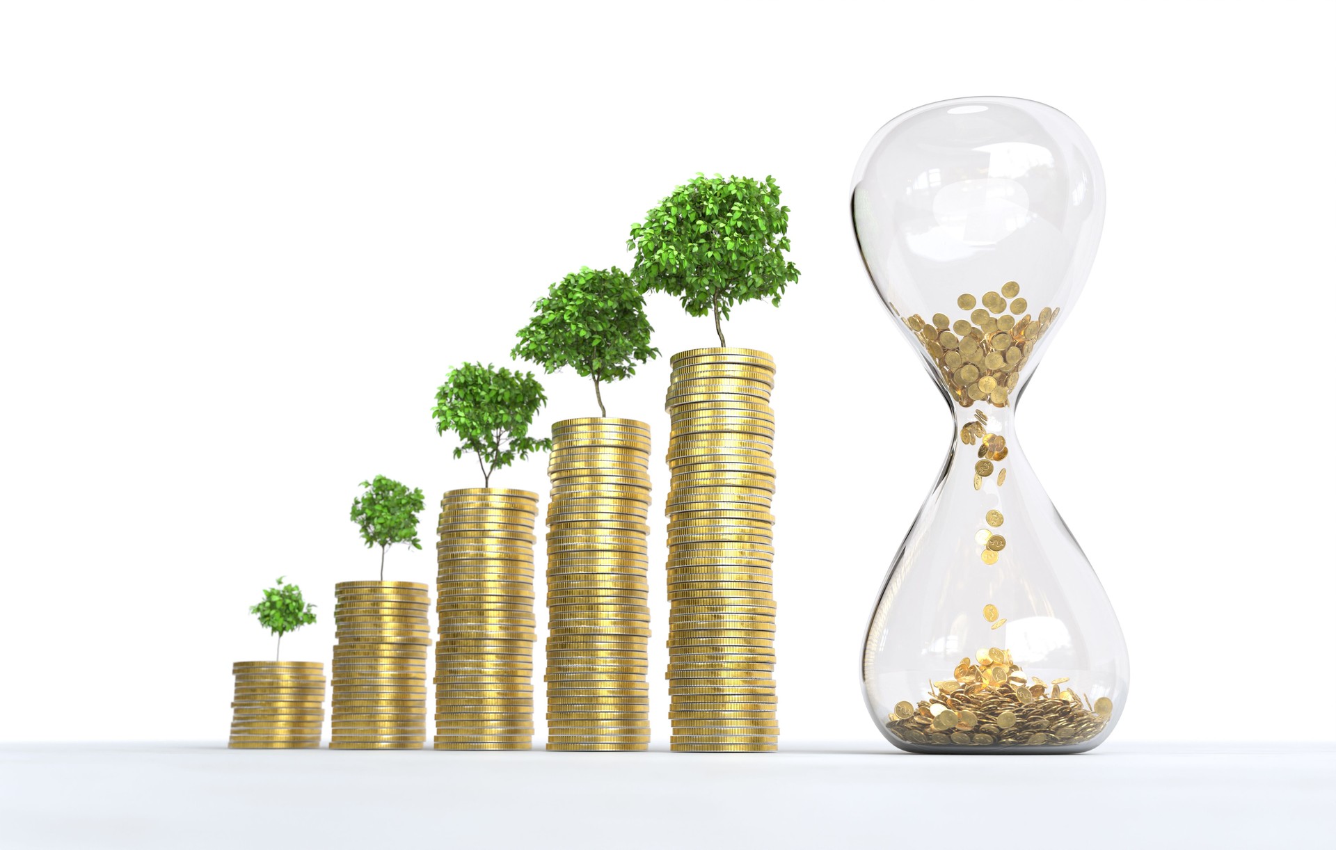 Gold coin in the hourglass with stacks of coins arranged in a bar graph, Time is money concept.